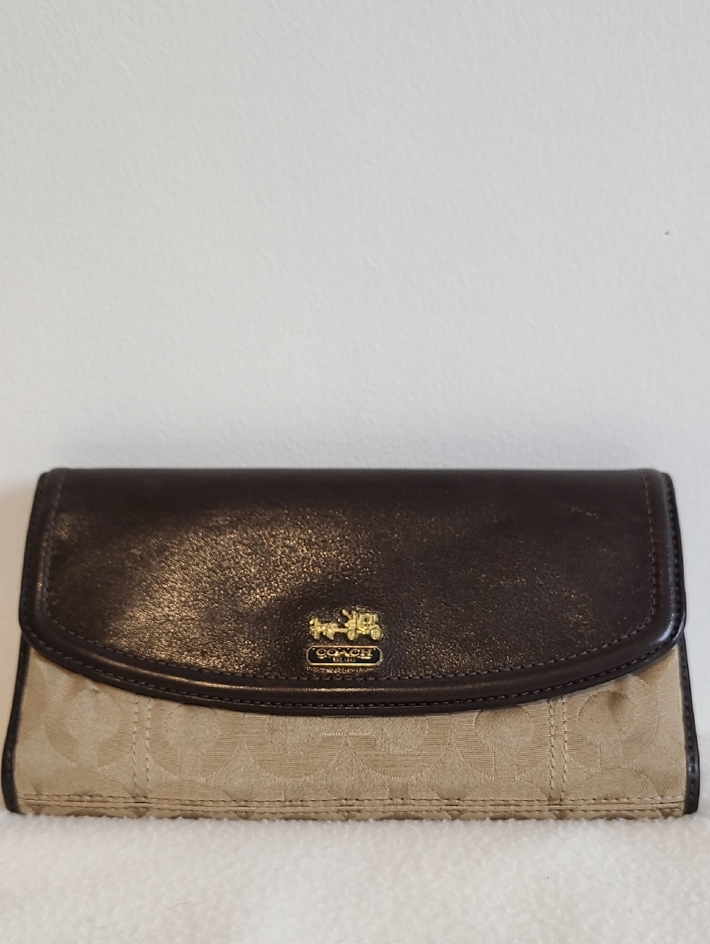 Coach Signature Canvas and Dark Brown Leather Fold Wallet with Gold Hardware